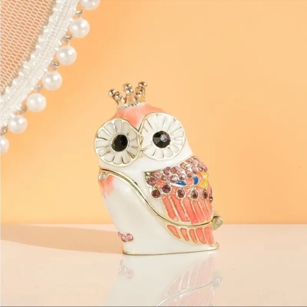 Crystal Owl Ring Box Pink Gold Enamel Jeweled Trinket Jewelry Box NWT